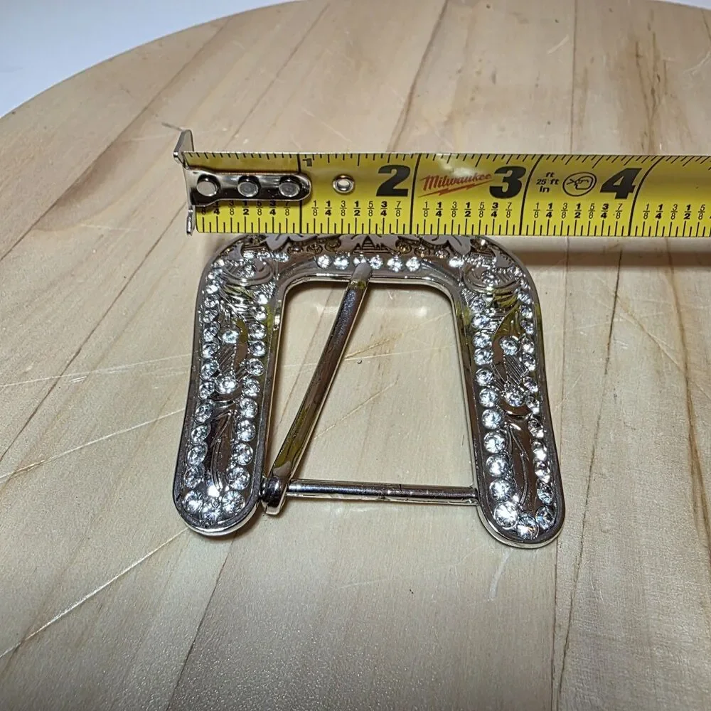 Western-style Silver Tone rhinestone belt buckle Scroll Pattern Cowboy Cowgirl